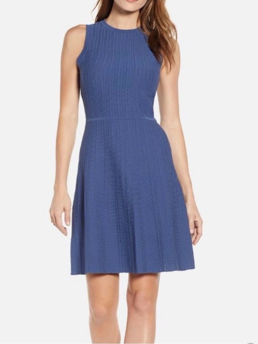 Anne Klein Dress Women's Blue Ribbed Knit Fit & Flare Sleeveless